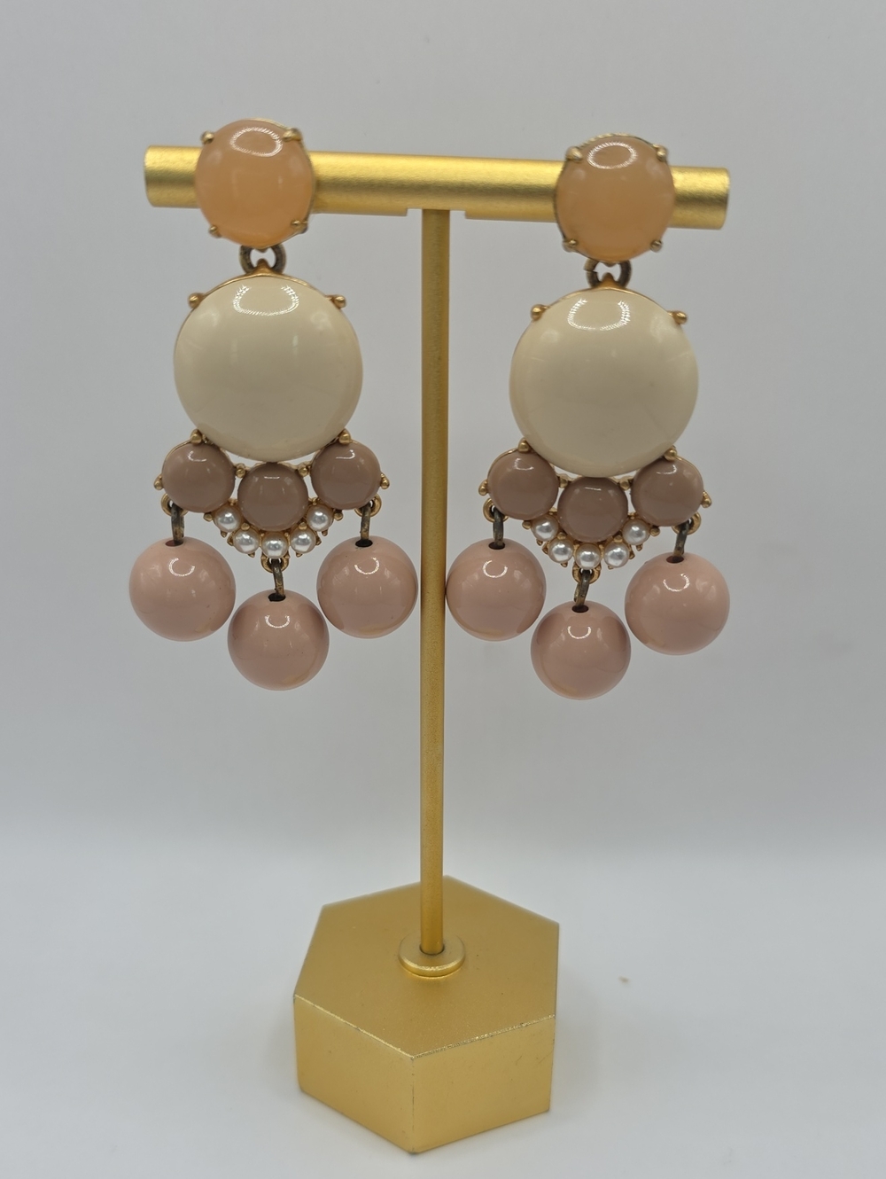 J. Crew Tan and Cream Beaded Chandelier Earrings Small Pearl Accents